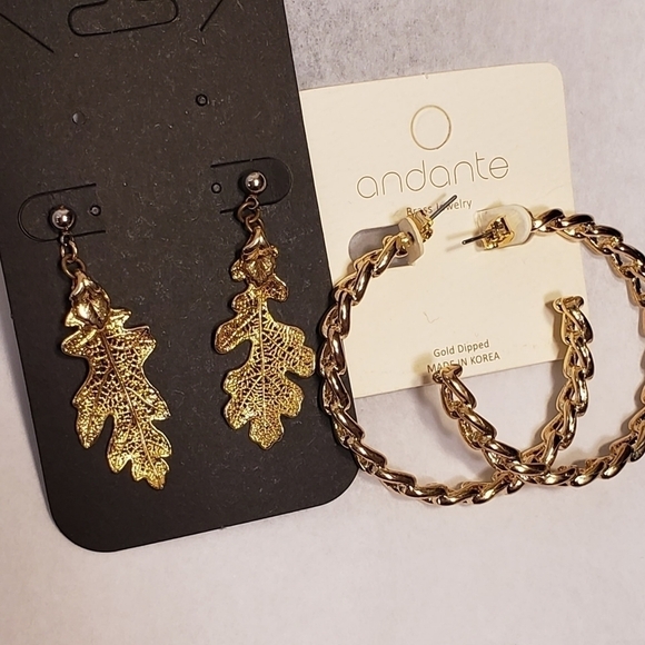 Andante Gold Dipped Large Hoop Earrings NWT & Gold Dipped Leaf Earrings REDUCED - Picture 2 of 8
